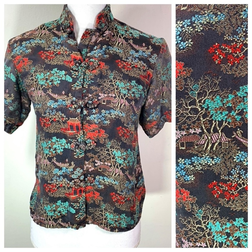 Vtg 50s Mandarin Collar silk embroidered blouse